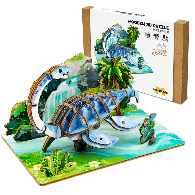Drewniane Puzzle 3D Edukacyjne Plezjozaur Ozdoba Biurka DIY Prezent 46el 8+