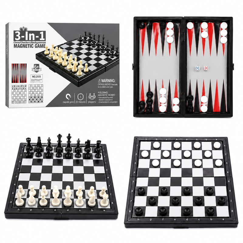 SZACHY + WARCABY + TRYKTRAK (NARDY) MAGNETYCZNE 3W1 SKŁADANA GRA PODRÓŻNA