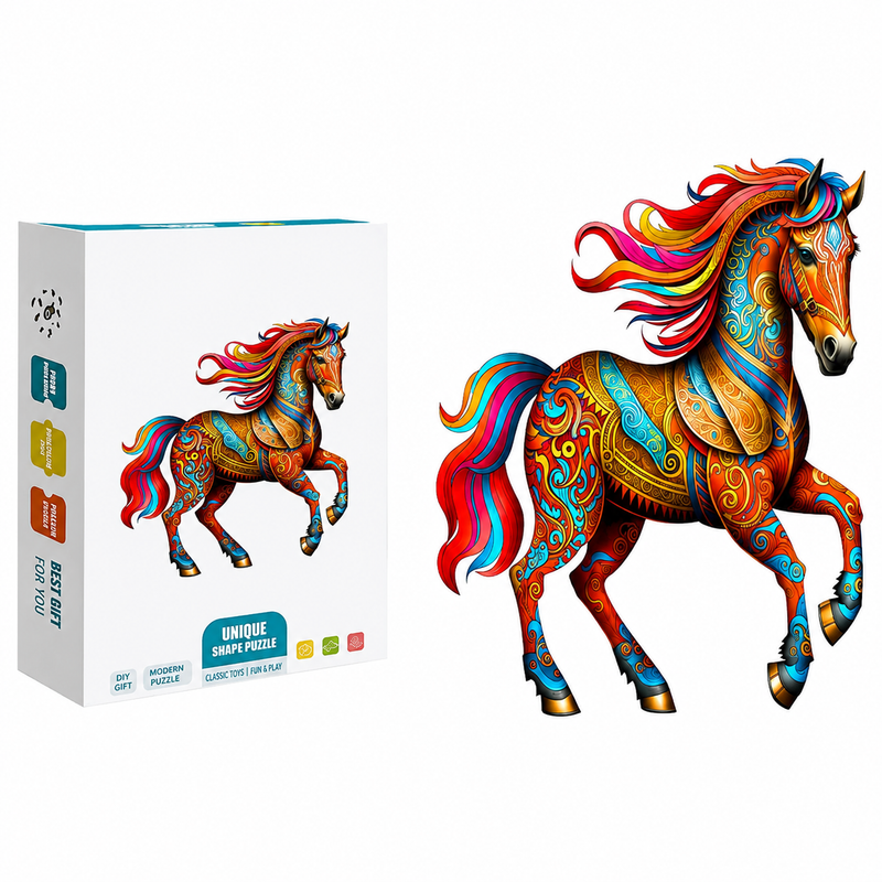 Wooden Puzzle Colorful Horse Unique Shapes Animals 135pcs A4 Gift