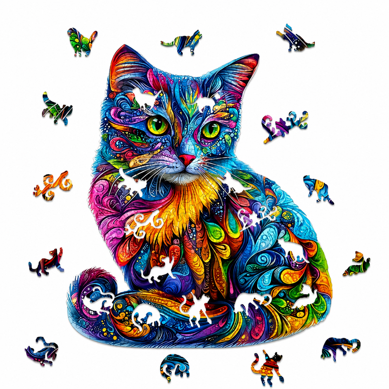 Puzzle Drewniane A4 135el Kolorowy Kot Tęczowy Unikalne Kształty Prezent