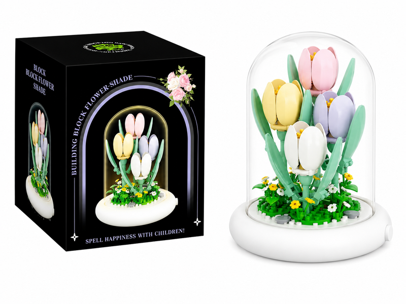 Klocki kwiaty pod kloszem LED tulipany pastelowe lampka dekoracja prezent