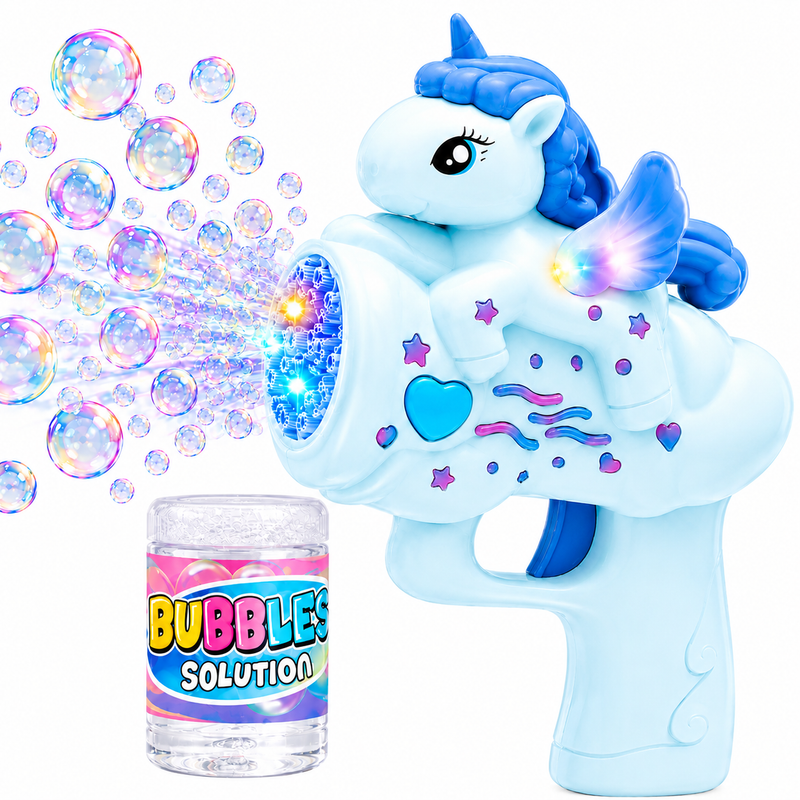 Pistolet na Bańki Jednorożec LED Bubble Gun Automat 20 Otworów