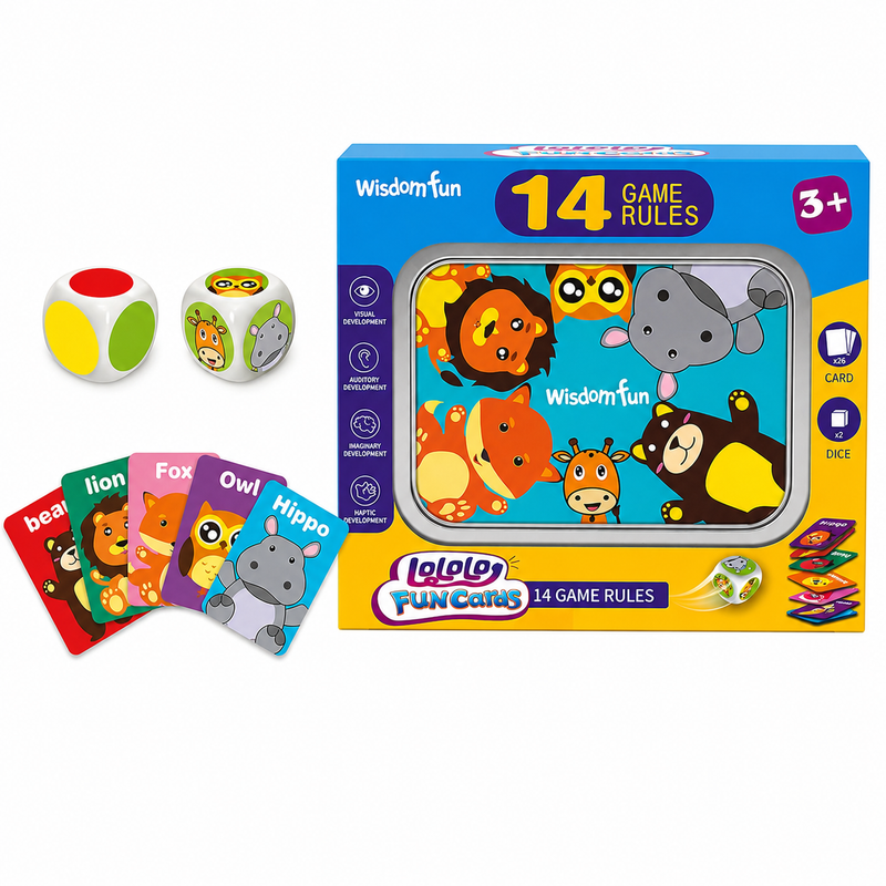 KIDS' ANIMAL CARD GAME 14 GAMES 36 CARDS 2 DICE METAL BOX