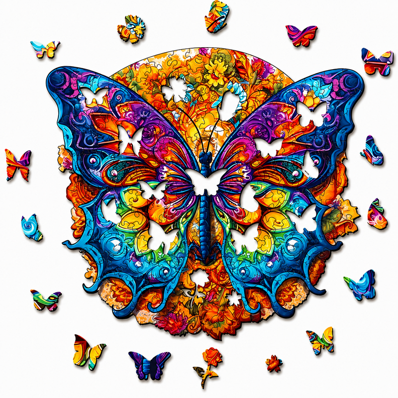 Drewniane Puzzle Motyl Kwiaty Unikalne Kształty Zwierzęta 135el A4 Prezent