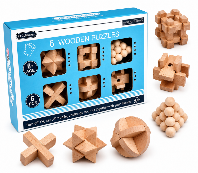 Zestaw 6 drewnianych łamigłówek IQ Collection – 6 Wooden Puzzles 6+