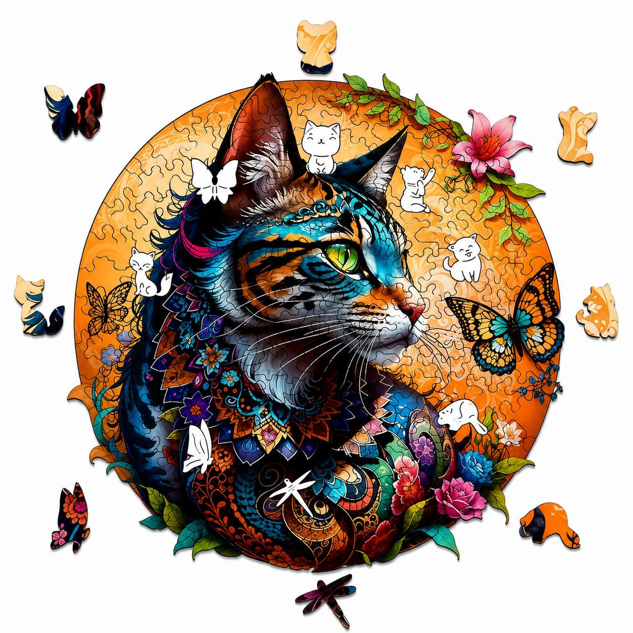 Drewniane Puzzle Kot Kolorowy Motyl Unikalne Kształty Zwierzęta 135el A4