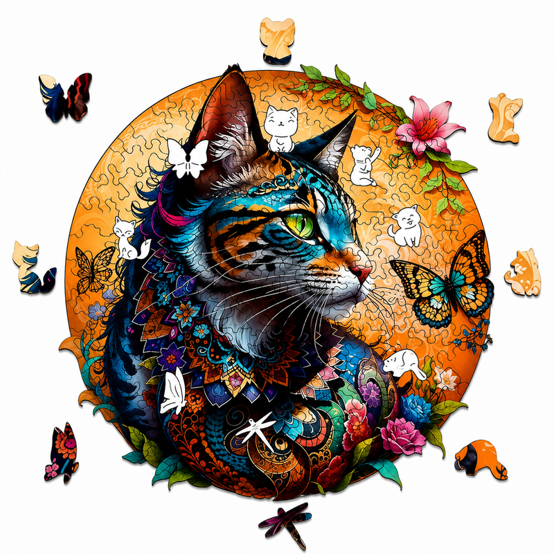 Drewniane Puzzle Kot Kolorowy Motyl Unikalne Kształty Zwierzęta 135el A4