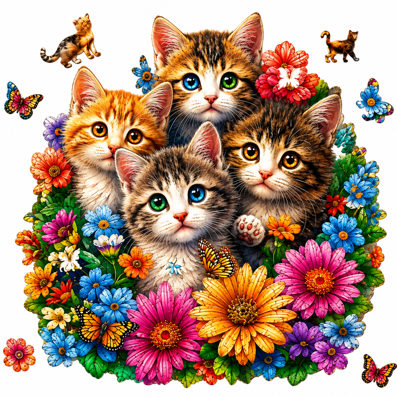 木制拼图 猫咪 花朵 独特形状 动物 礼物 85块 A5
