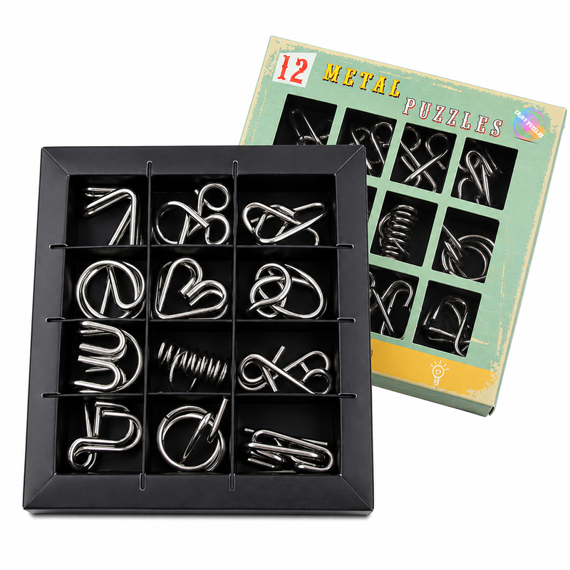 ZESTAW 12 METALOWYCH ŁAMIGŁÓWEK LOGICZNYCH BRAIN TEASER NA PREZENT DO BIURA