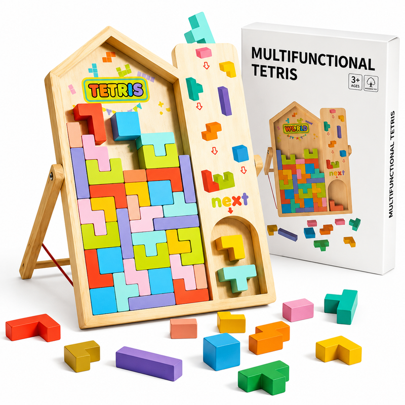Drewniana Gra Tetris Montessori, Układanka 3D, Tablica 30 cm