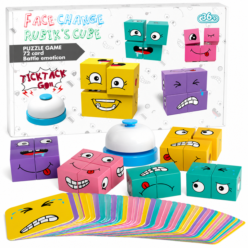 Face Change Cube – drewniana gra emocji, 16 kostek, 72 karty, dzwonek 3+