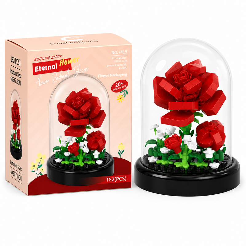 KLOCKI KWIATY WIECZNA RÓŻA W KLOSZU MINI BLOKI DIY PREZENT 182 EL DEKORACJA