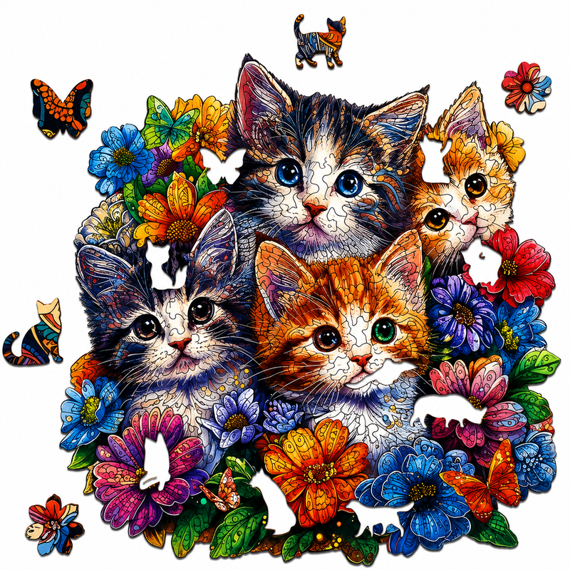 Drewniane Puzzle Koty Kwiaty Unikalne Kształty Zwierzęta 85el A5 Prezent