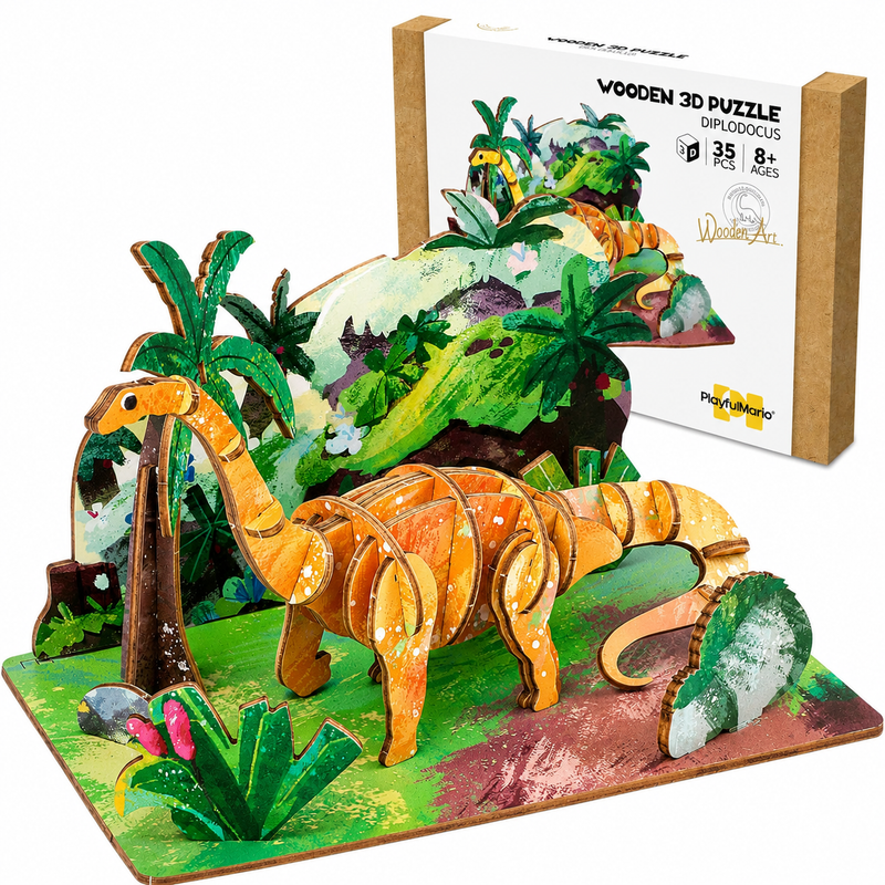 Drewniane Puzzle 3D Edukacyjne Diplodok Ozdoba Biurka DIY Prezent 35el 8+