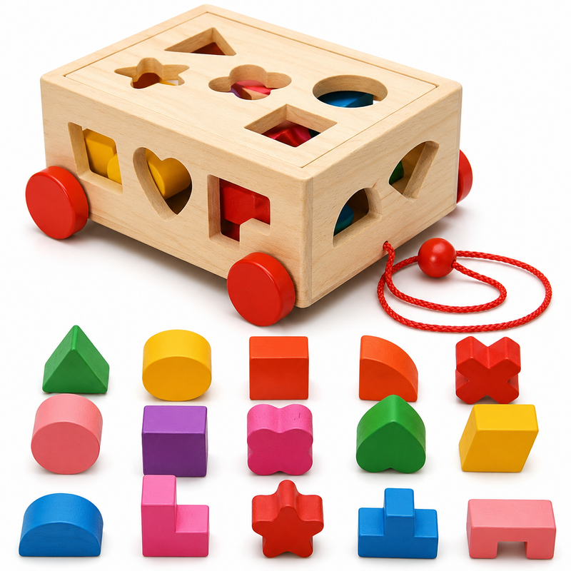 Drewniany Sorter Edukacyjny Samochód do Ciągnięcia – Klocki Kształty 3+