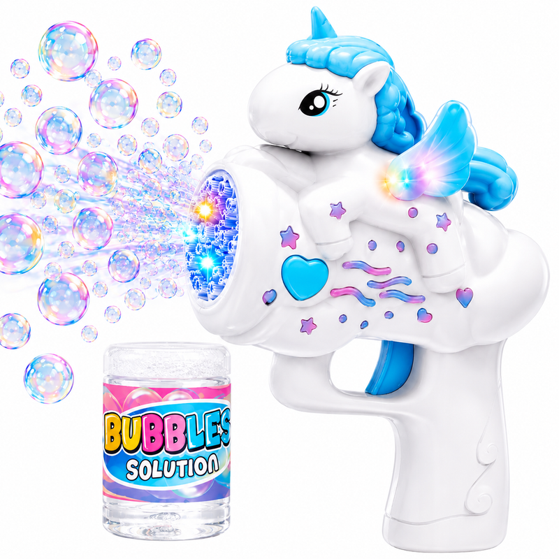 Pistolet na Bańki Jednorożec LED Bubble Gun Automat 20 Otworów