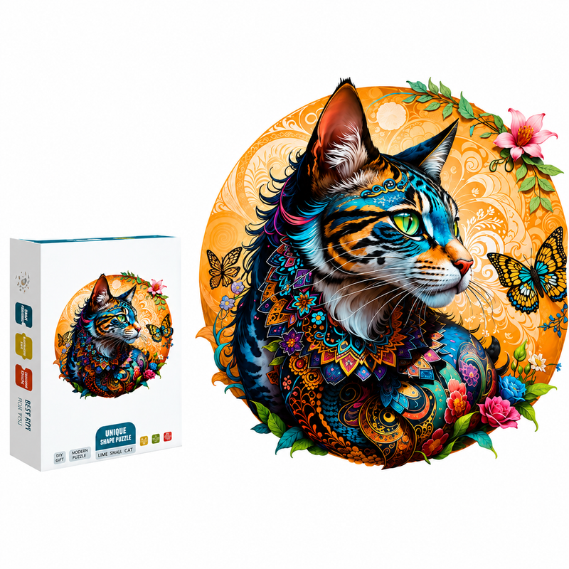 Drewniane Puzzle Kot Kolorowy Motyl Unikalne Kształty Zwierzęta 85el A5