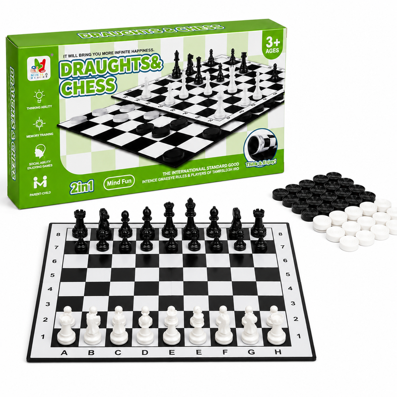 Szachy i Warcaby 2w1 – komplet 32 figur + 24 pionki, plansza