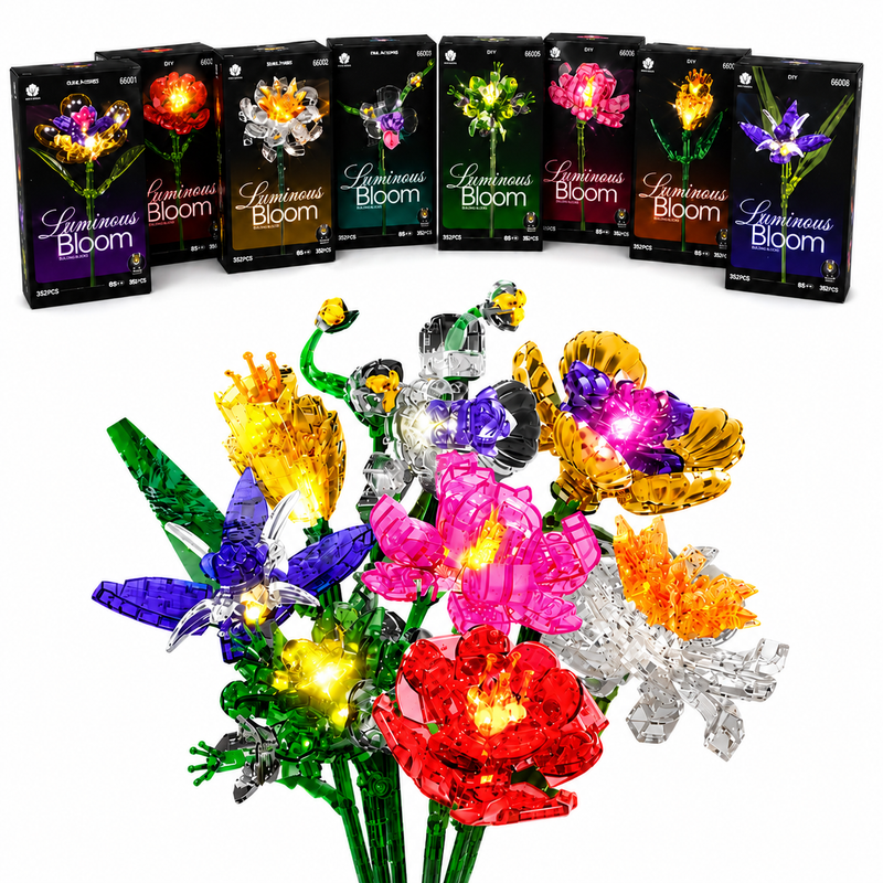 Klocki Bukiet Kwiatów LED 520 el. – ZESTAW 8 Kwiatów Świecących Bloom