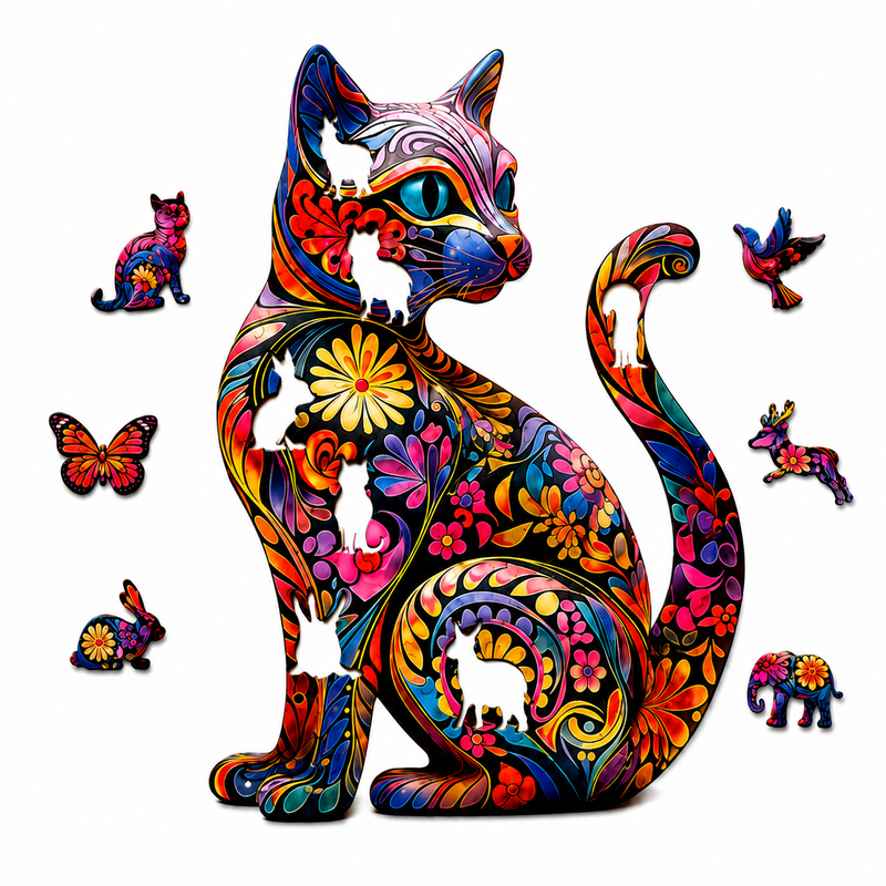 木制拼图 七彩花猫 A5 85片 独特形状 礼物