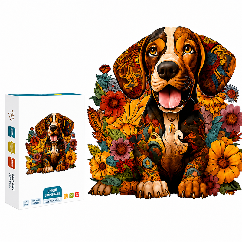 Drewniane Puzzle Pies Kolorowy Kwiaty Unikalne Kształty Zwierzęta 135el A4