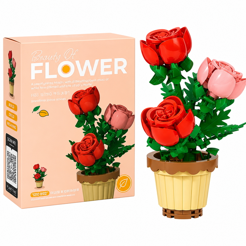 MINI KLOCKI KWIATY ROZE W DONICZCE BUKIET DEKORACJA Prezent