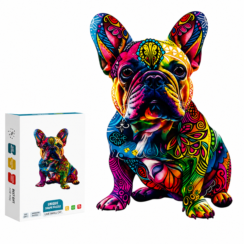 Drewniane Puzzle Pies Buldog Francuski Unikalne Kształty 85el A5 Prezent