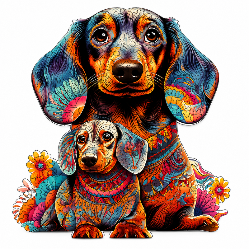 Drewniane Puzzle Pies Kolorowy Kwiaty Unikalne Kształty Zwierzęta 135el A4