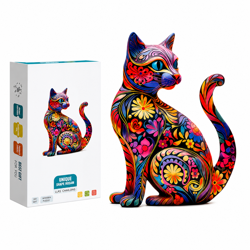 Wooden Puzzle Colorful Cat in Flowers A4 135pcs Unique Shapes Gift