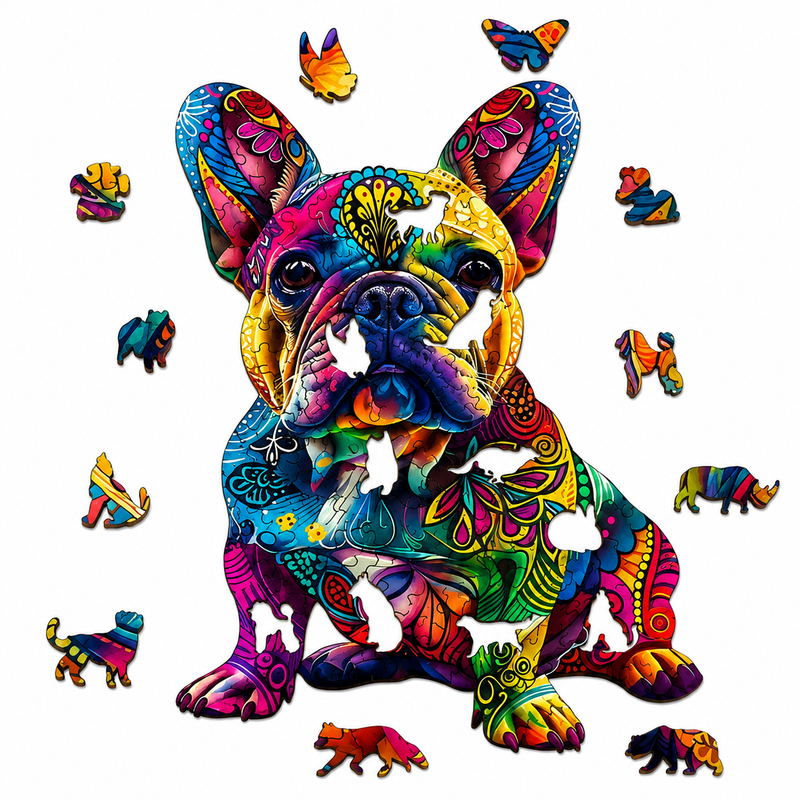 Drewniane Puzzle Pies Buldog Francuski Unikalne Kształty 135el A4 Prezent