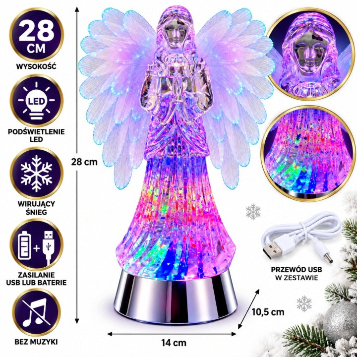 Anioł świąteczny LED 28 cm z wirującym śniegiem USB / baterie