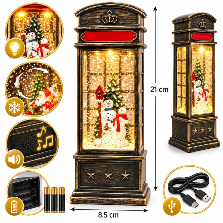 Budka telefoniczna świąteczna LED 21 cm z muzyką i wirującym śniegiem USB / baterie