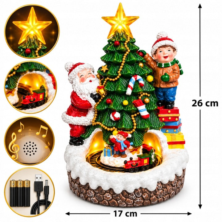Choinka świąteczna LED 26 cm z ruchomym pociągiem i muzyką USB / baterie