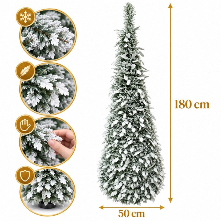 Choinka sztuczna ośnieżona 180 cm slim – gęsta stożkowa 50 cm