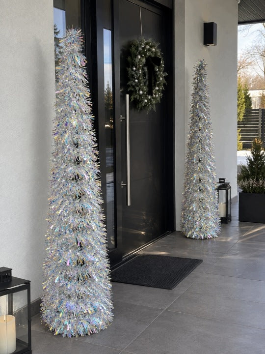 Choinka sztuczna biała 150 cm slim – wąska błyszcząca lameta 30 cm