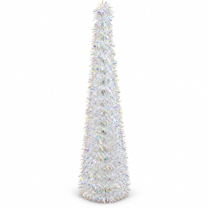 Choinka sztuczna biała 150 cm slim – wąska błyszcząca lameta 30 cm