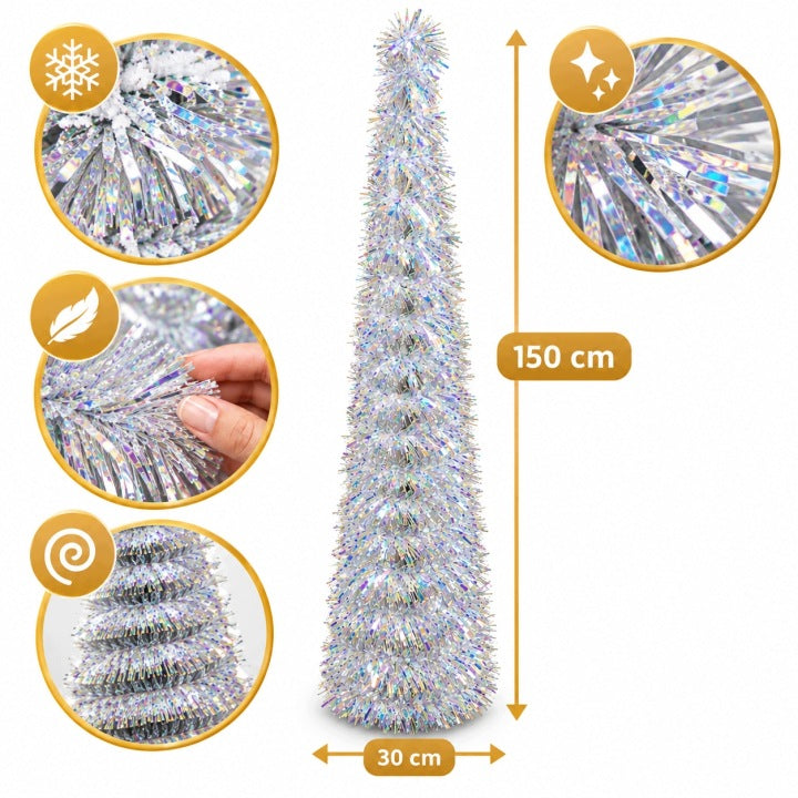 Choinka sztuczna biała 150 cm slim – wąska błyszcząca lameta 30 cm