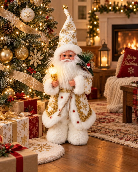 Dziadek Mróz 33 cm Jingle Bells z podświetlanym lampionem