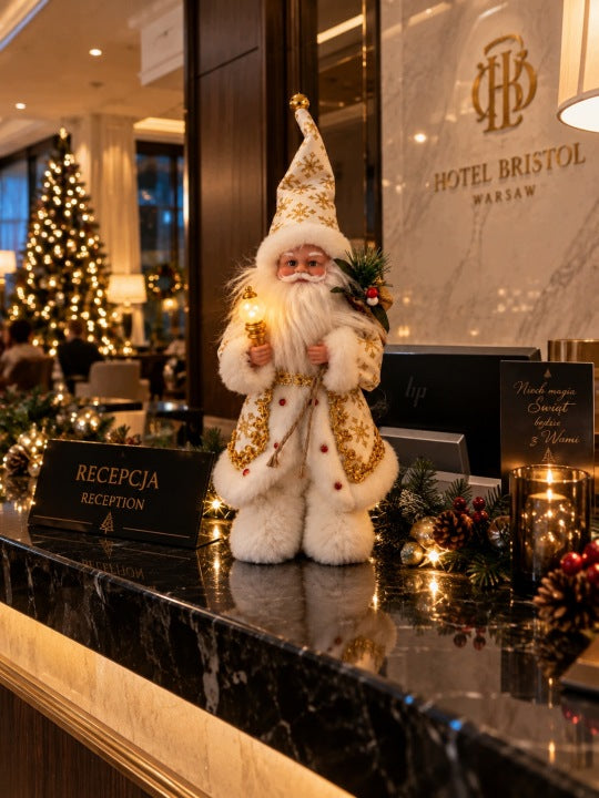 Dziadek Mróz 33 cm Jingle Bells z podświetlanym lampionem