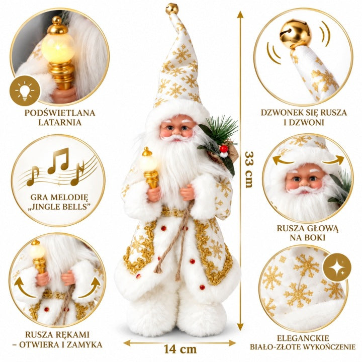 Dziadek Mróz 33 cm Jingle Bells z podświetlanym lampionem