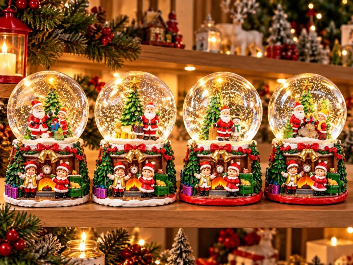 Kula śnieżna 16 cm LED z Mikołajem i choinką – muzyka i wirujący śnieg