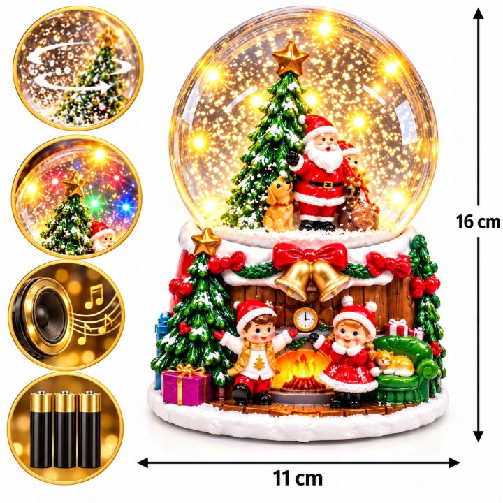 Kula śnieżna 16 cm LED z Mikołajem i choinką – muzyka i wirujący śnieg
