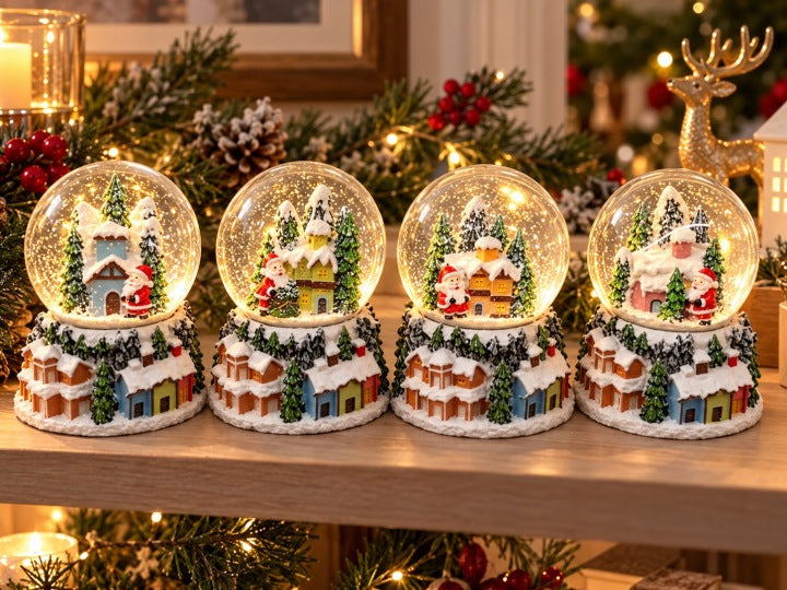 Kula śnieżna 16 cm LED z Mikołajem, domkami i wirującym śniegiem