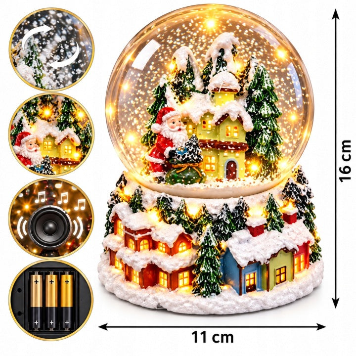 Kula śnieżna 16 cm LED z Mikołajem, domkami i wirującym śniegiem