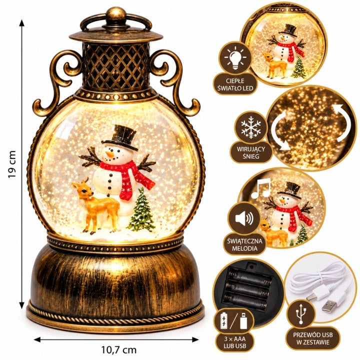 Lampion świąteczny LED 19 cm z muzyką i wirującym śniegiem USB / baterie