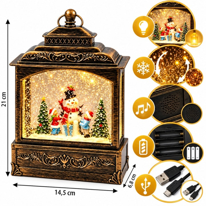 Lampion świąteczny LED 21 cm z muzyką i wirującym śniegiem USB / baterie