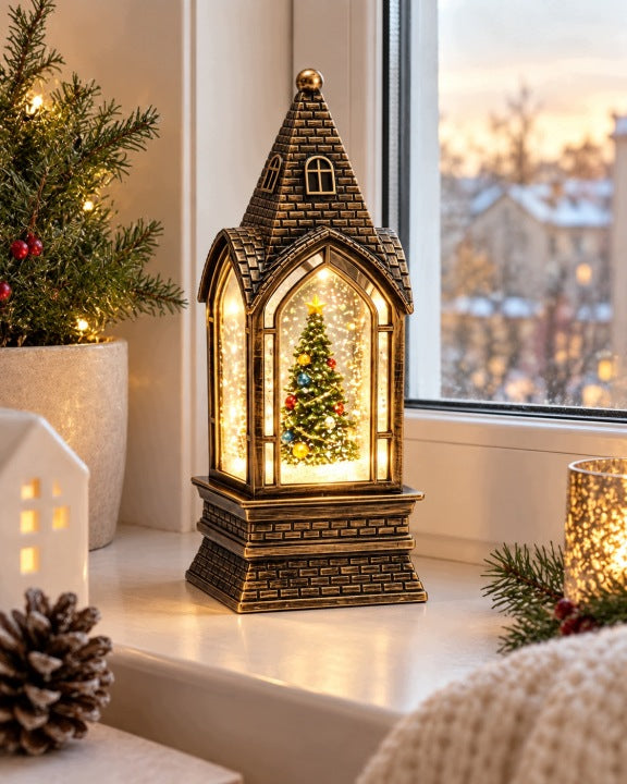 Lampion świąteczny LED 22 cm z muzyką i wirującym śniegiem USB / baterie