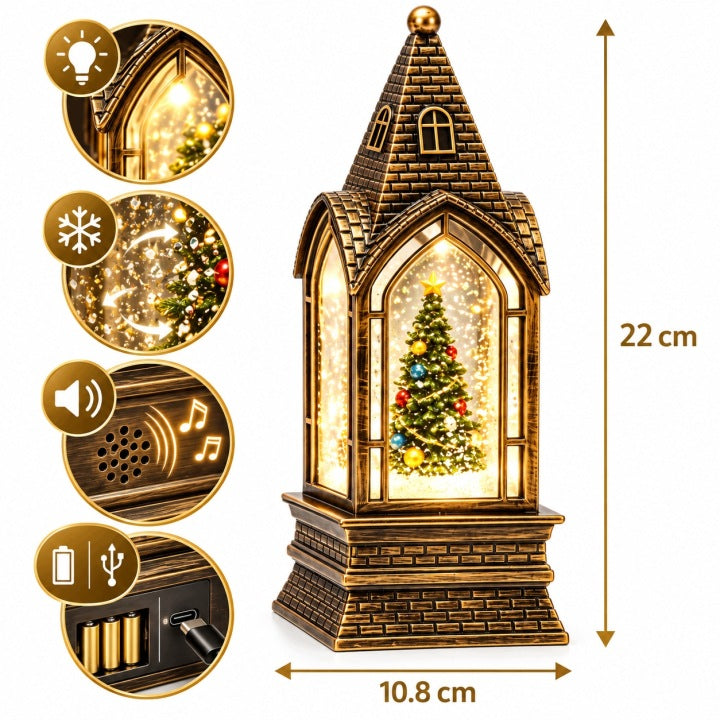 Lampion świąteczny LED 22 cm z muzyką i wirującym śniegiem USB / baterie