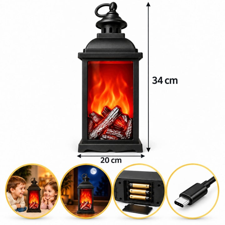 Latarnia dekoracyjna LED 34 cm z efektem kominka – czarna USB / baterie