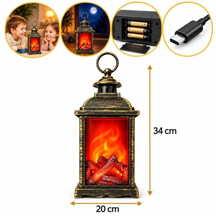 Latarnia świąteczna LED 34 cm z efektem kominka – retro USB / baterie